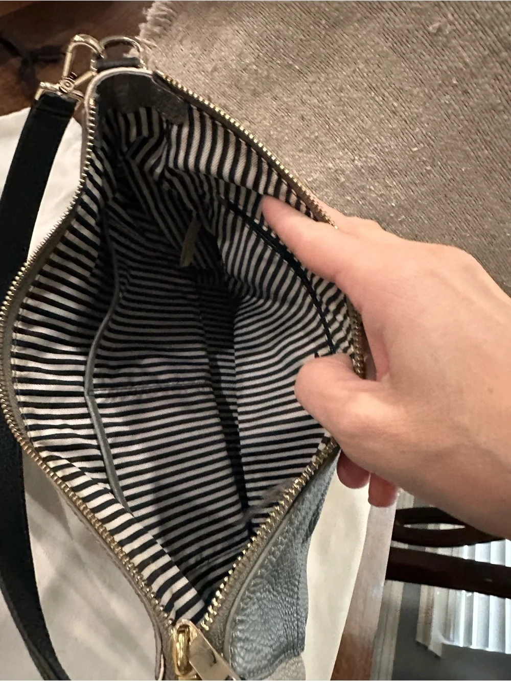 kate spade Gray and Blush Pebbled Leather Shoulder Bag with Black Strap